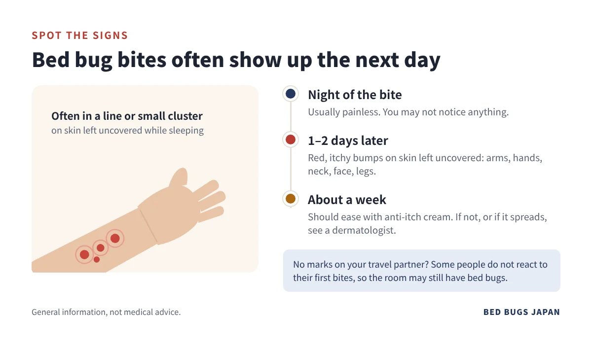 Illustration of bed bug bites in a line on a forearm, with a timeline: painless at night, red itchy bumps 1 to 2 days later, easing in about a week